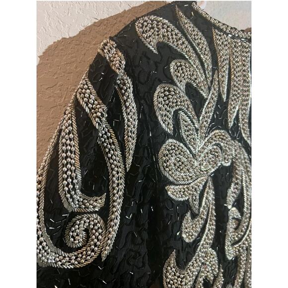 VTG Wayne Clark Silk Gown Evening Dress Womens Size L Black Silver Beaded 90s - Picture 7 of 12